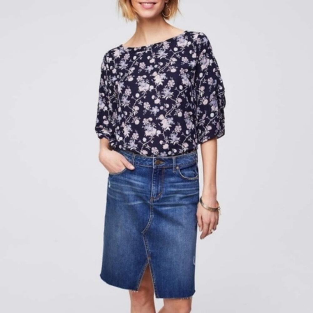 LOFT Medium Wash Distressed Denim Skirt with Front Slit - Picture 4 of 8